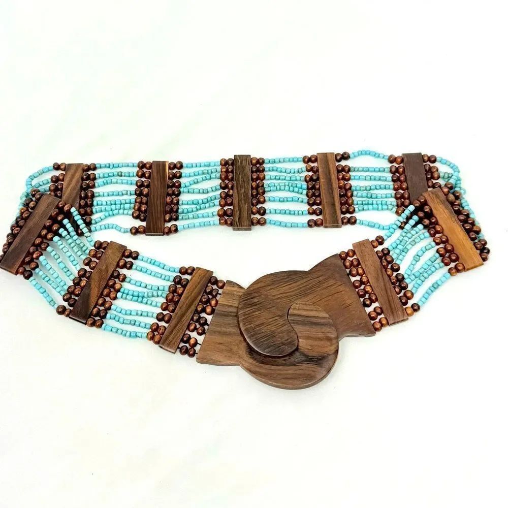 Boutique Dark Wood and Turquoise Color Beaded Boho Coastal Stretch Belt